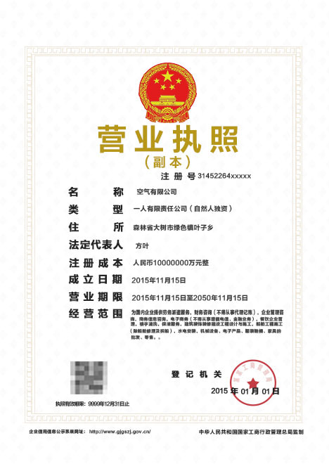 营业执照材料示例